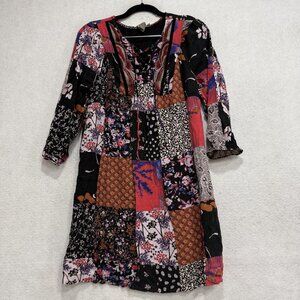 One September Dress Womens Small Multicolor Patchwork Boho Mini Tunic 3/4 Sleeve